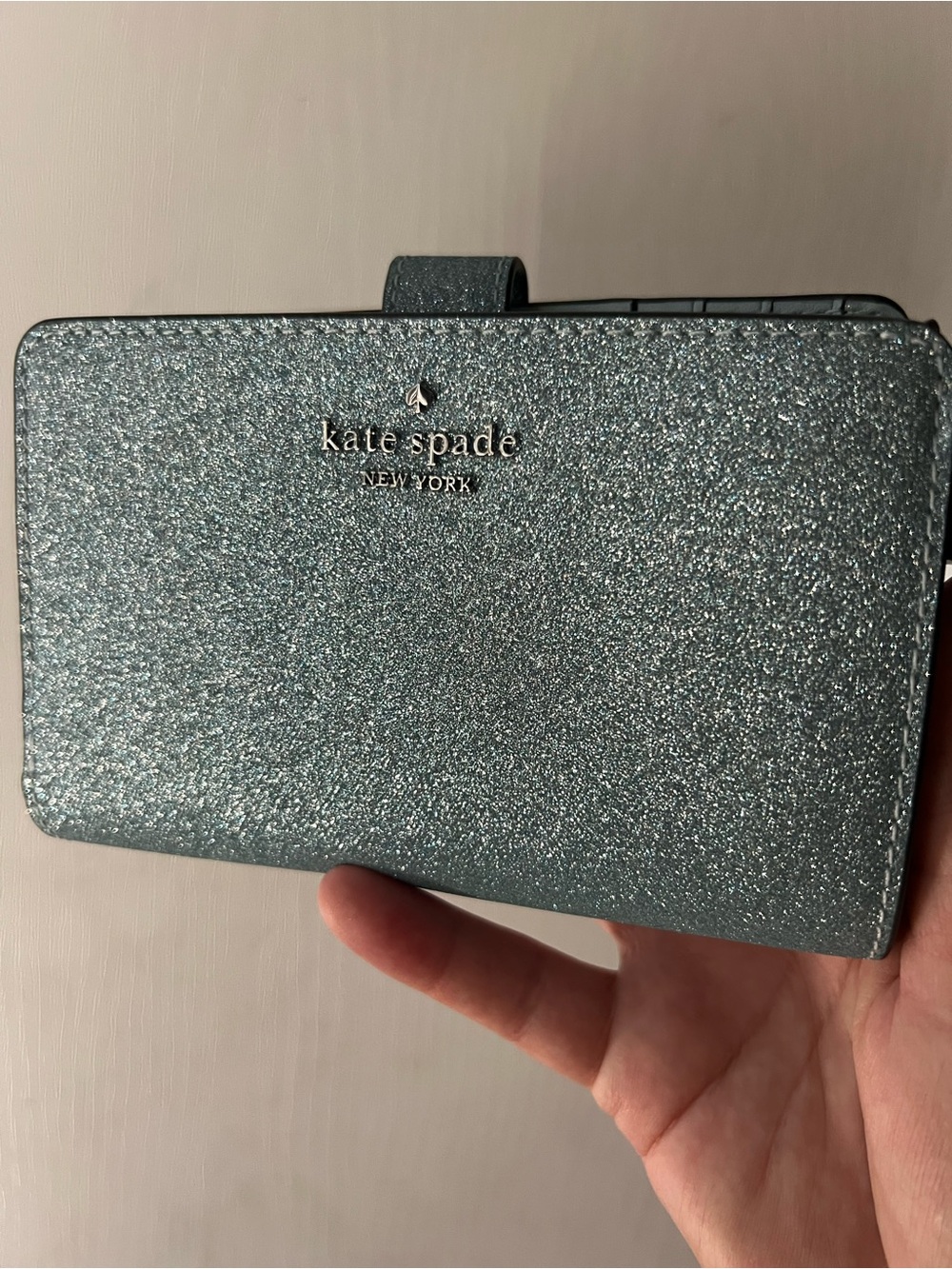 Kate Spade- New Lena Medium Bi-fold Wallet Blue Glitter & Sparkle